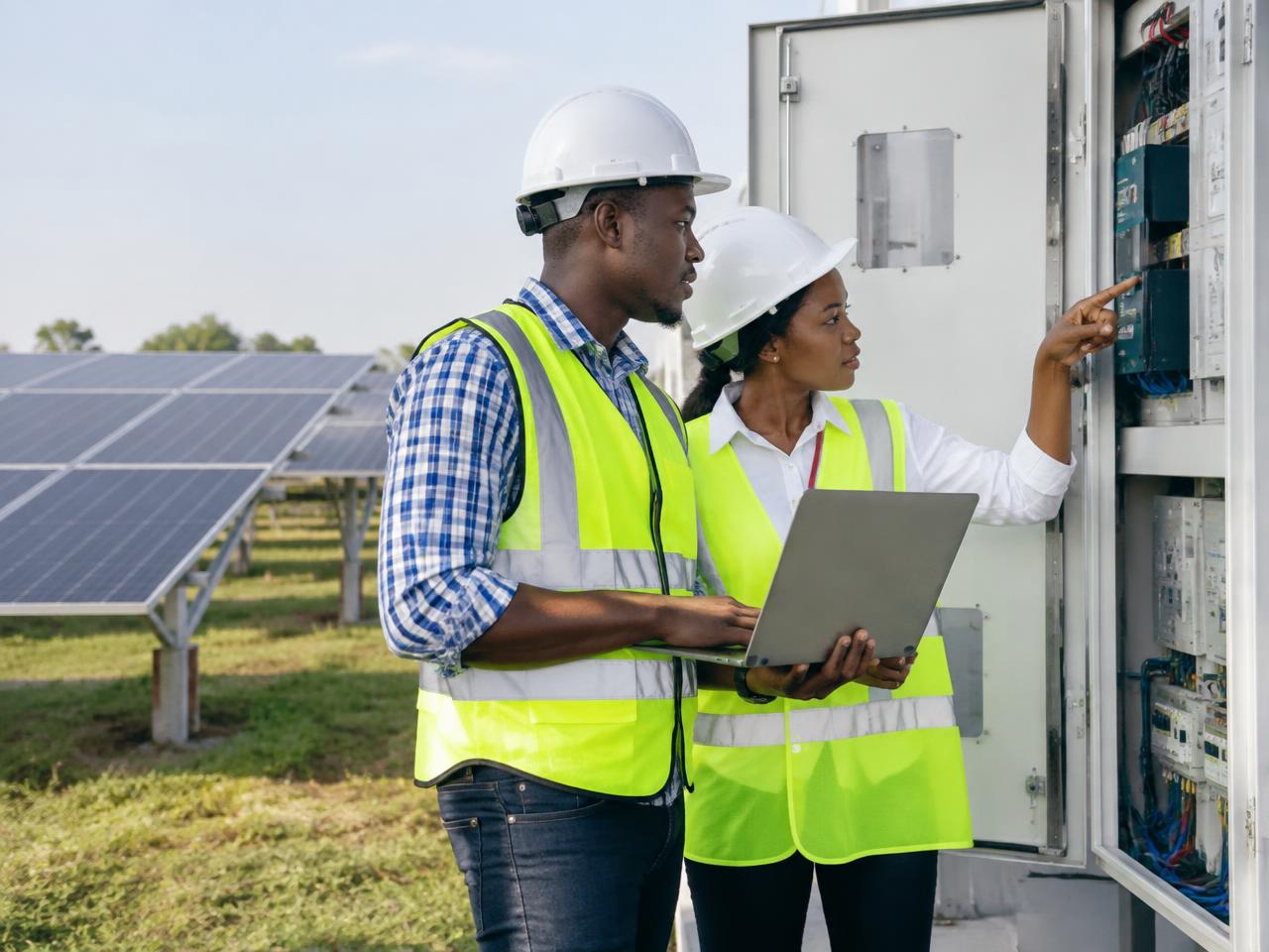Engineers reviewing renewable energy control equipment at a solar site